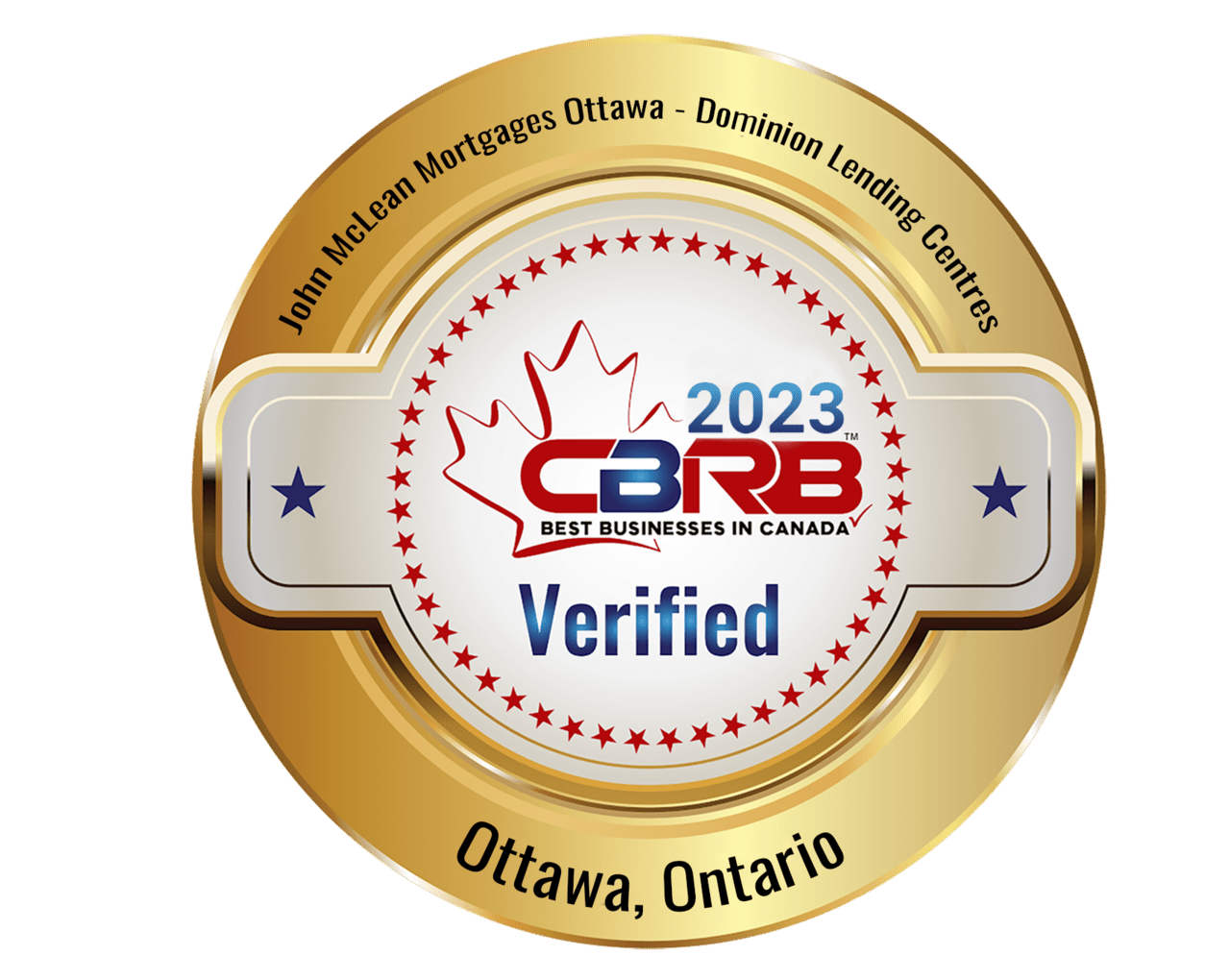 Logo for 2023 CBRB Best Businesses in Canada Verified for John McLean Mortgages Ottawa - Dominion Lending Centres.